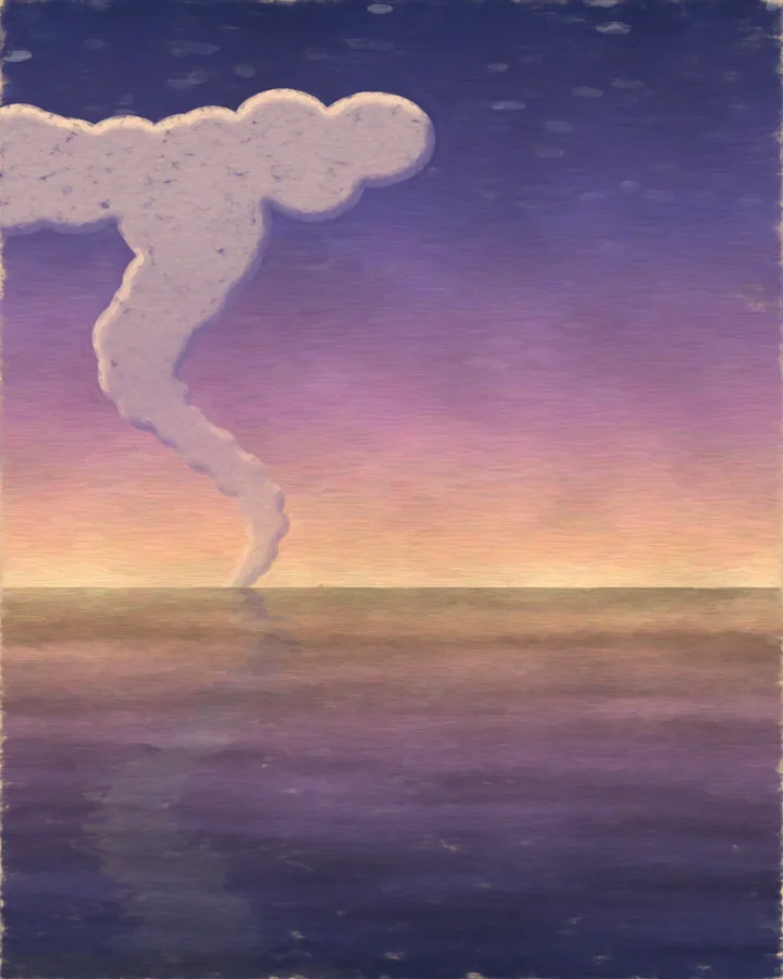 A painting of a giant porcelain teacup floating on a calm evening sea, with a red-and-white lighthouse growing out of the water inside the cup, its lamp sweeping a beam across a violet dusk.